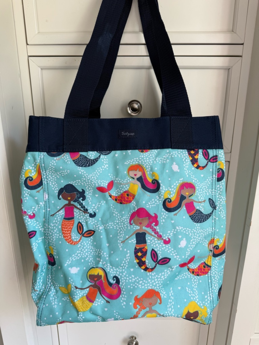 Mermaid Swim Tote in Aqua with Navy Handles